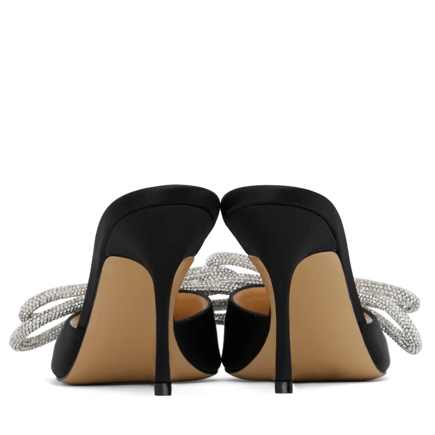 90mm Women's Heeled Sandals Square Open Toe Double Bow Satin Mules Heels Slip on Stilettos