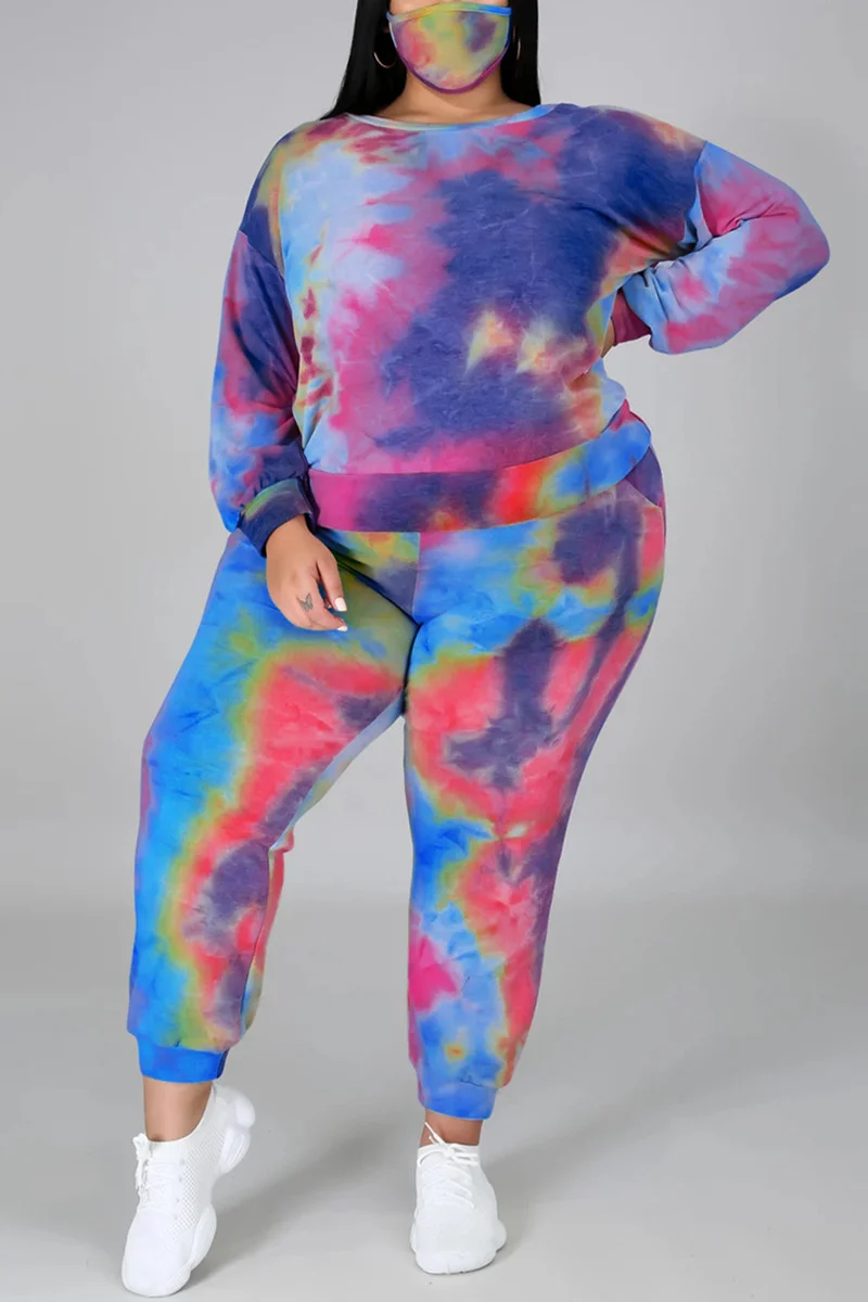 Dark Blue Fashion Casual Print Tie Dye Tie-dye Backless O Neck Plus Size Set | EGEMISS