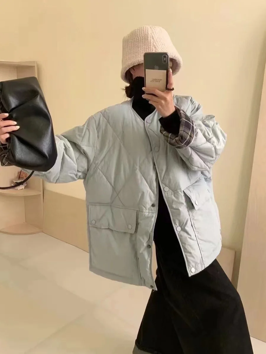 Woherb Down Jacket Short Style 2024 Winter Sweet Round Collar Grid Stitching Light Small Diamond Bread Coat Tide-Outfit Ideas