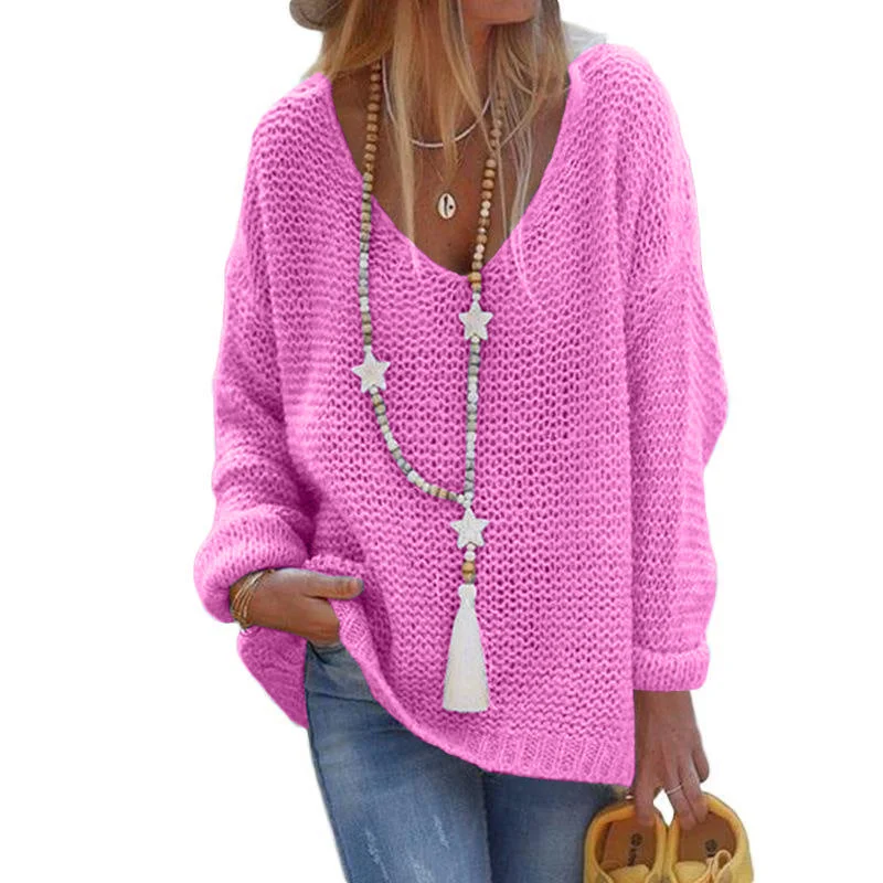 Brownm Pullover Sweater V-neck Long-sleeved Knitted Top