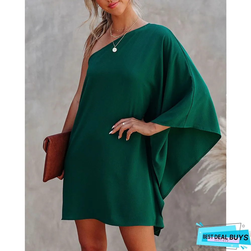 Lotus Leaf Sleeve Dress Loose Temperament Sexy One-Shoulder Solid Color Skirt