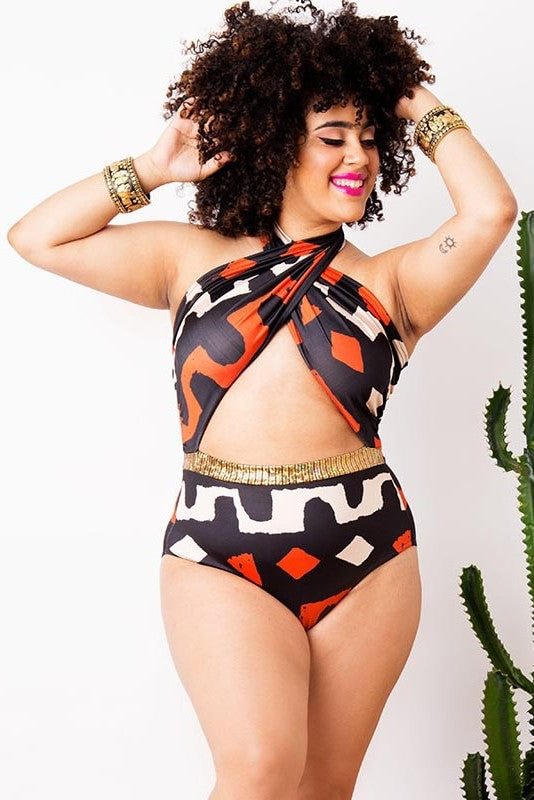 Printed Cross Halter High Waisted One Piece Swimsuit