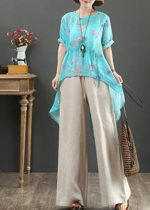 French o neck drawstring linen clothes Fabrics green print shirts