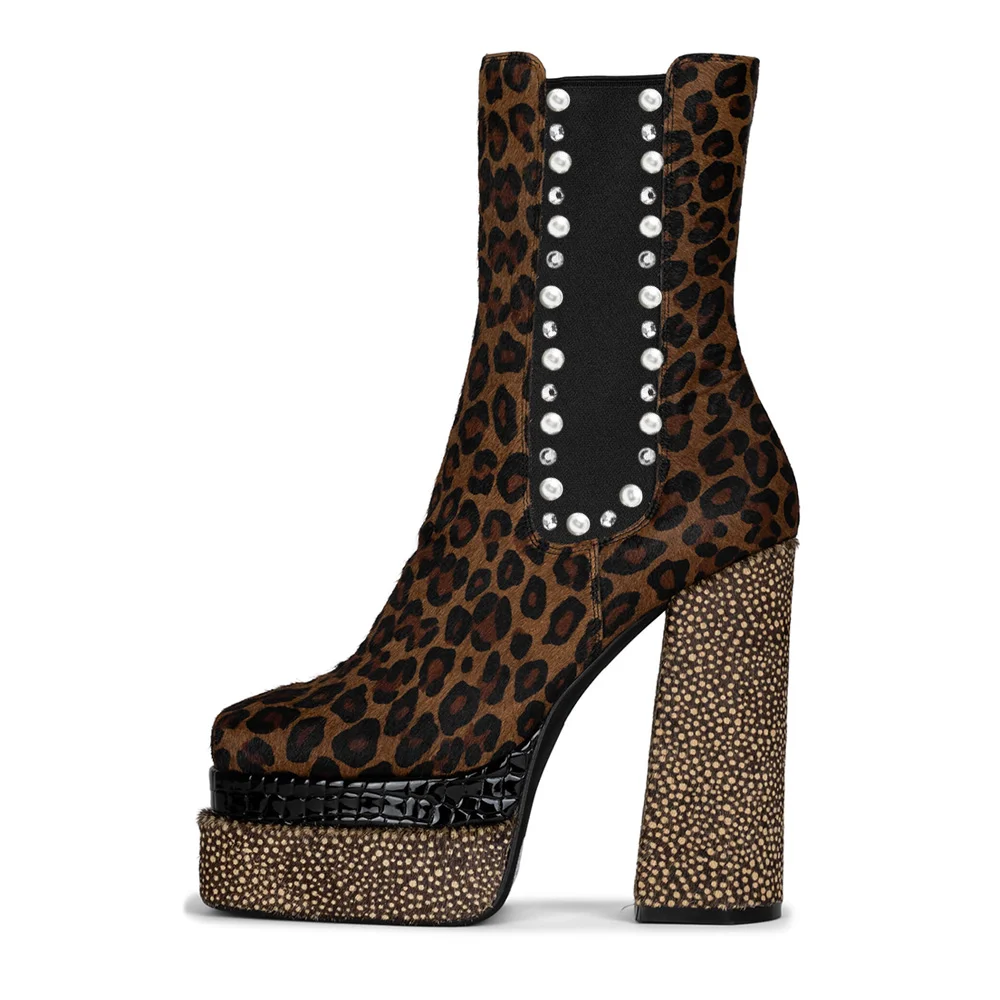 Brown Leopard Texture Platform Boots Rhinestone Block Heel Booties Nicepairs