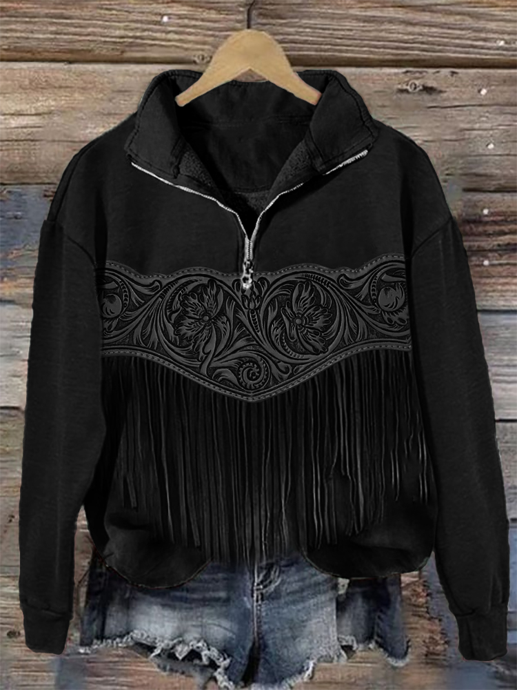 wearshes Western Floral Leather Tassels Zip Up Sweatshirt