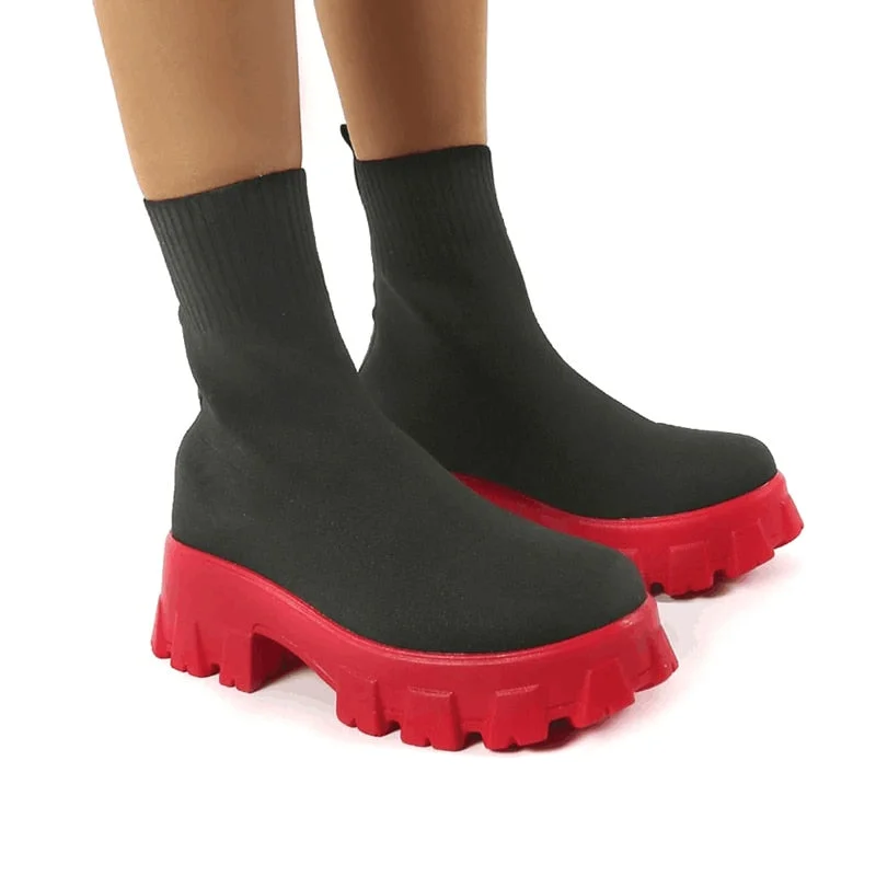 Women Ankle Boots Metal Chain Slip On Thich Platform Short Boots Ladies Mixed Color Autumn Winter Shoes Female Chelsea Fashion