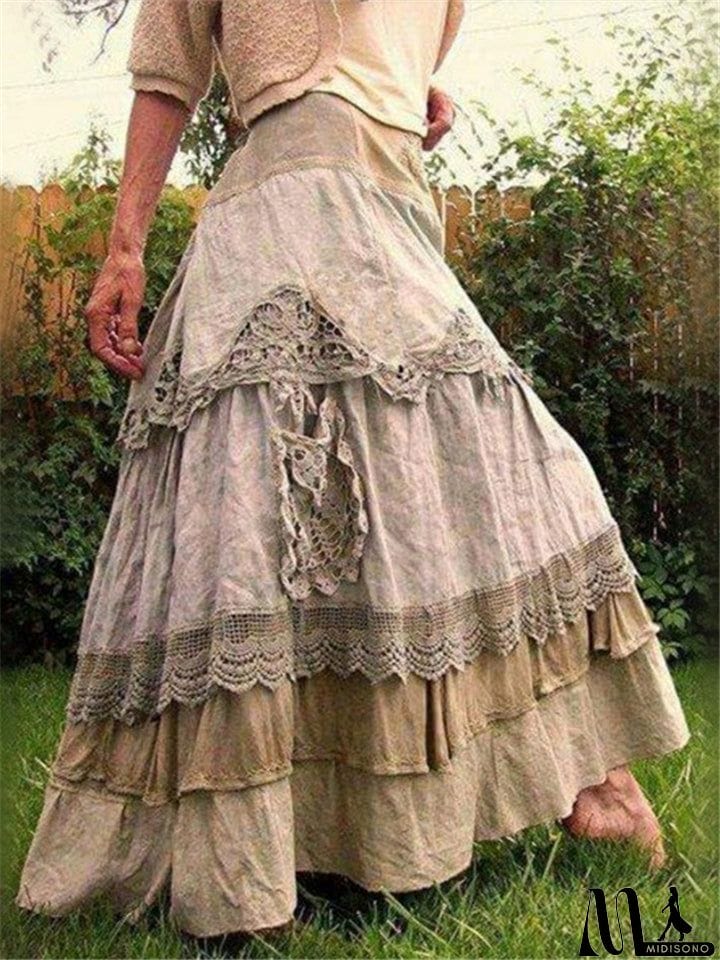 MidiSono - Vintage Patchwork Lace Cake Long Skirt