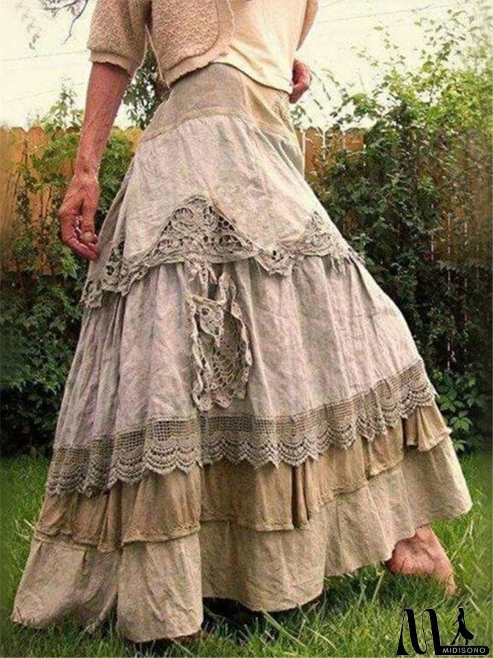 MidiSono - Vintage Patchwork Lace Cake Long Skirt