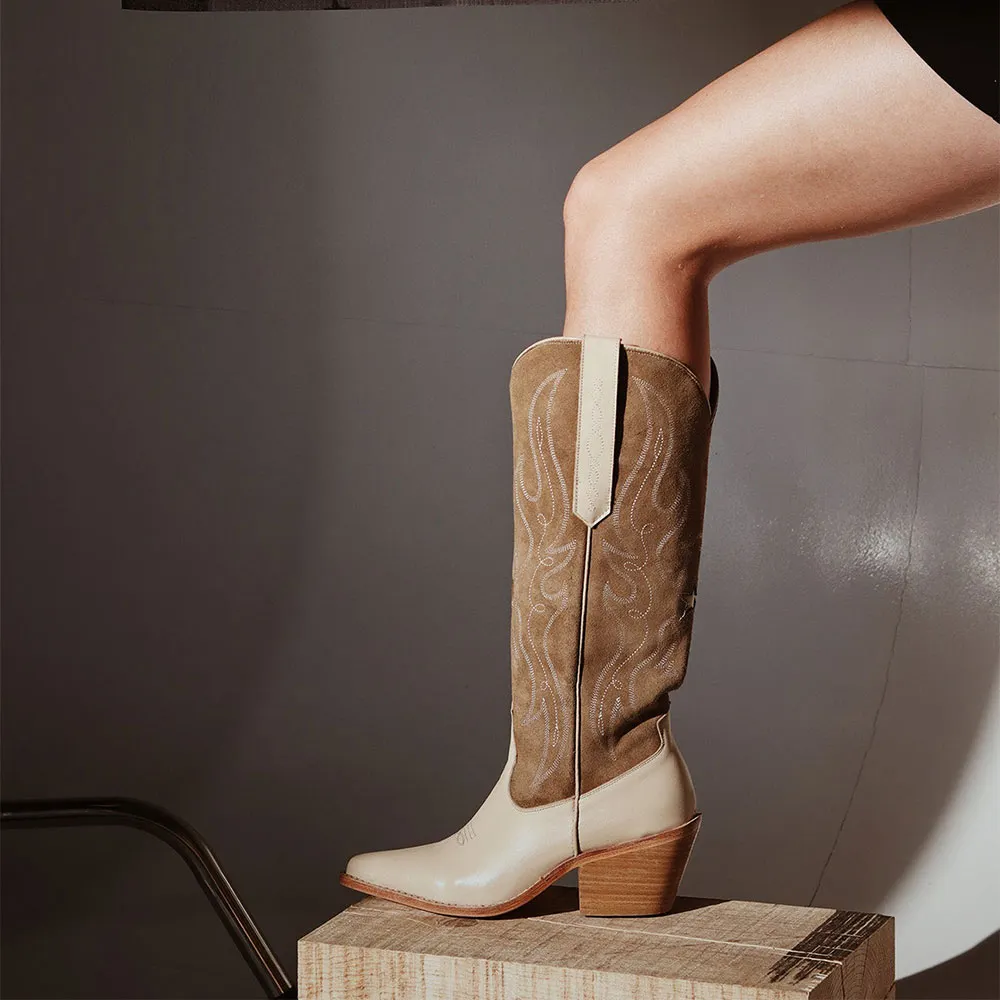 Taupe Block Heel Embroidered Knee High Snip Toe Cowboy Boots for Women