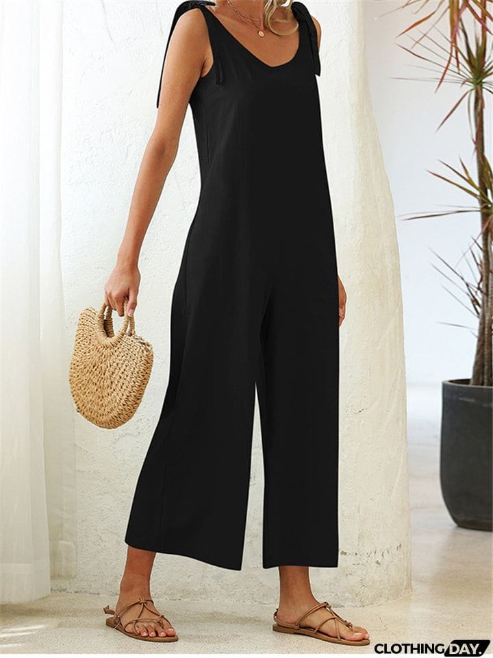 Women's Stylish Solid Color Sleeveless Loose Jumpsuit With Pocket