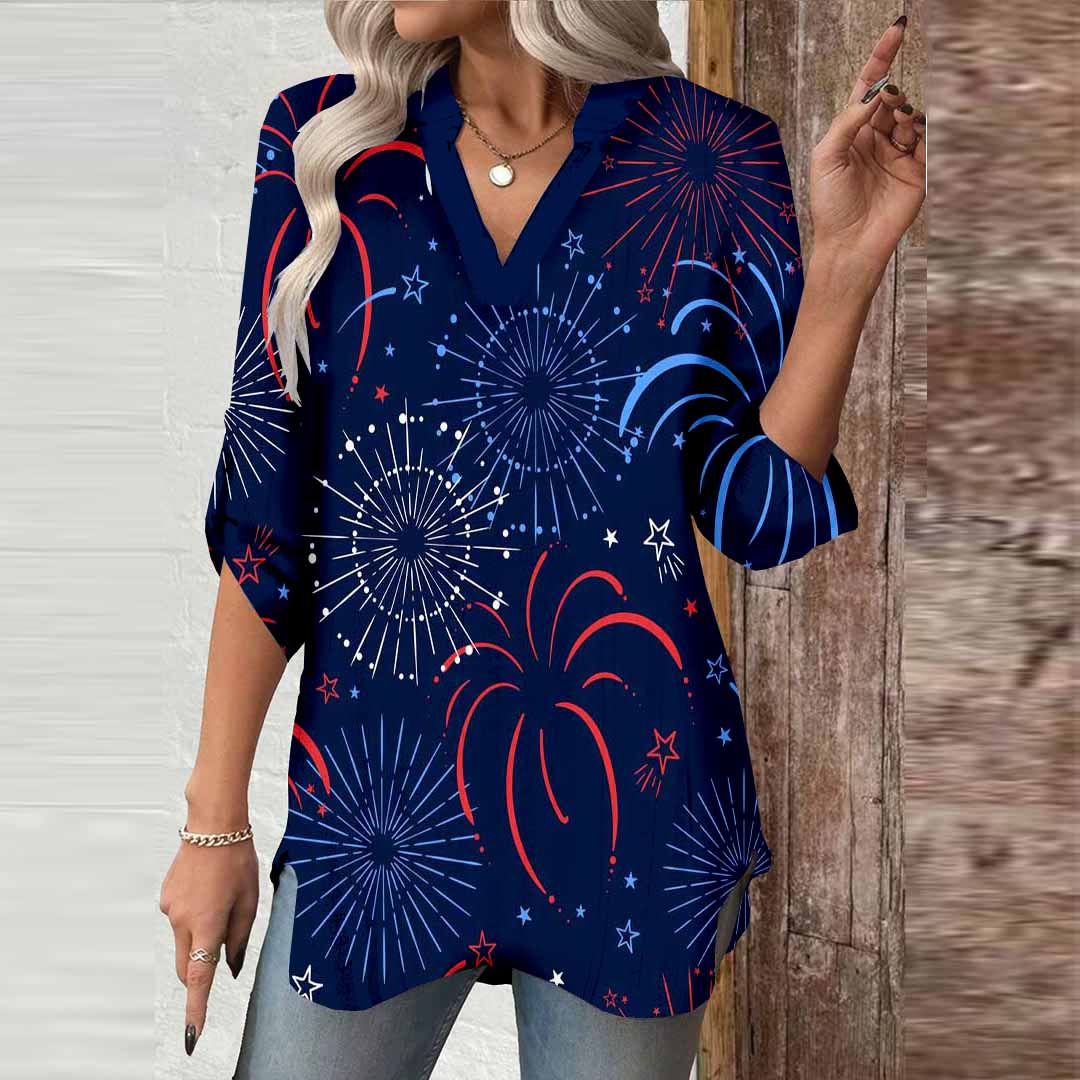 Women  Independence Day, Star, Striped, Blue, Red DZGA0237 3/4 Sleeve V-neck Printed Graphic Button Tops