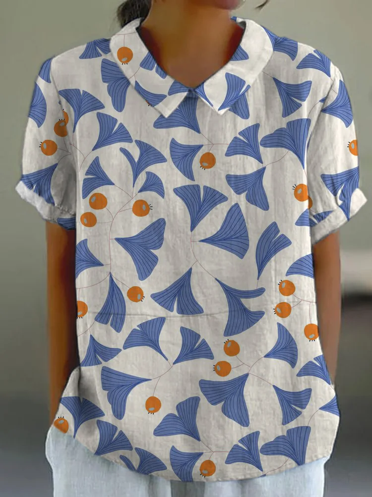 Japanese Ginkgo Biloba Pattern Linen Lapel Shirt