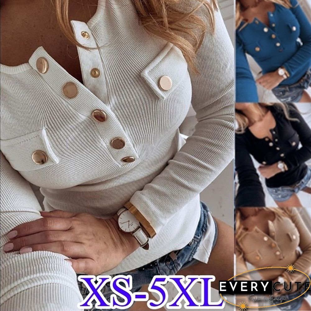 Autumn Women's Long Sleeved Casual Button T-shirt Plus Size Tops Ladies Slim Fit Pure Color Tops XS-5XL