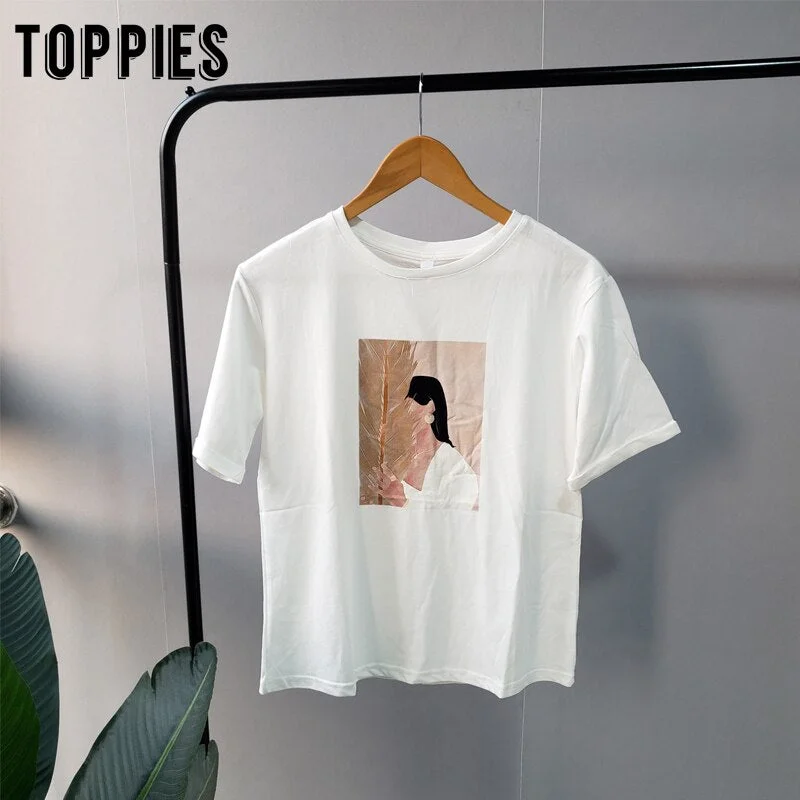 Toppies Art Abstract Printing T-shirts Summer Tops Shorts Sleeve Slim T-shirts Woman Casual Tee