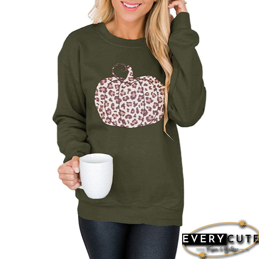 Army Green Pumpkin Print Pullover Sweatshirt