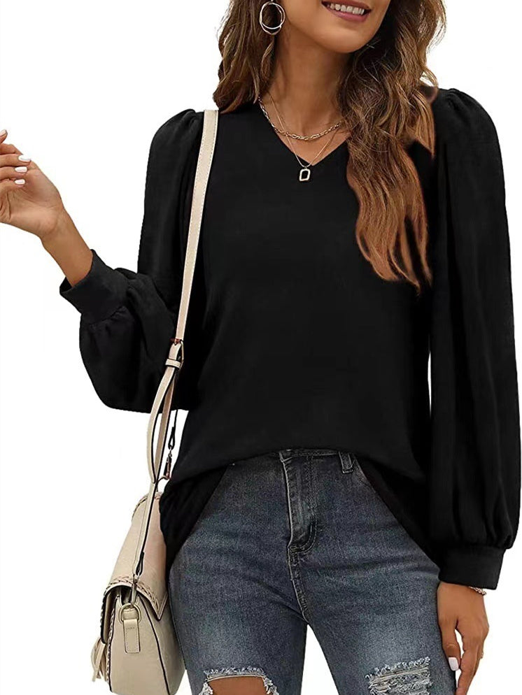 Women's Buttons Stitching Solid Color Long Sleeve V-neck Top
