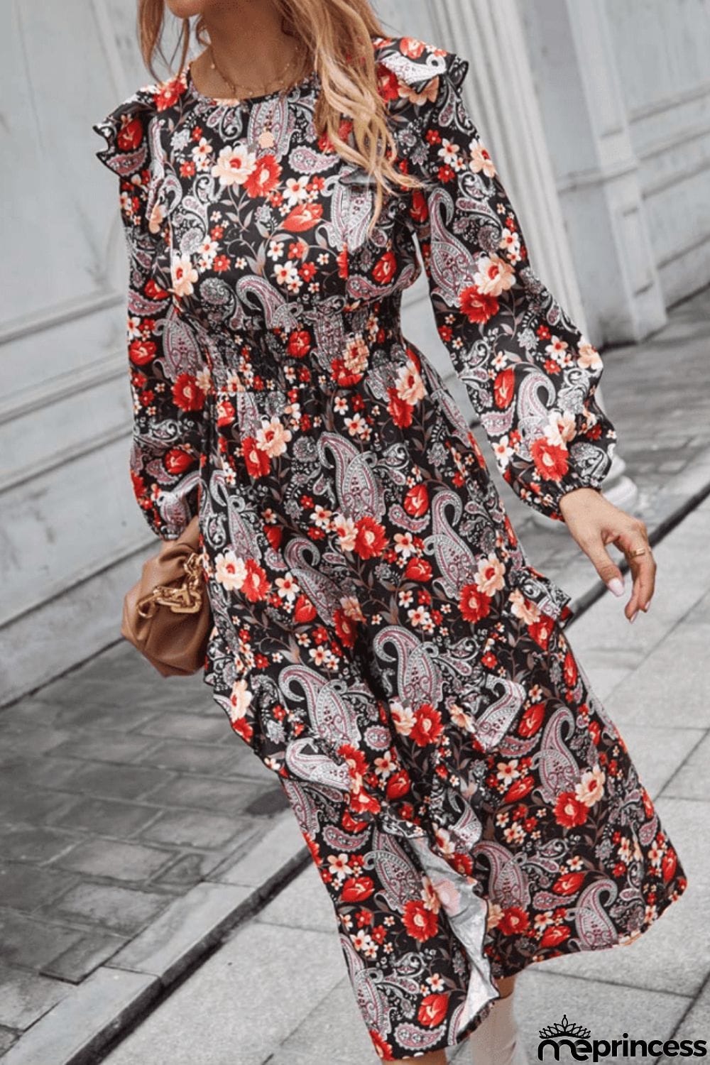 Floral Round Neck Long Sleeve Midi Dress