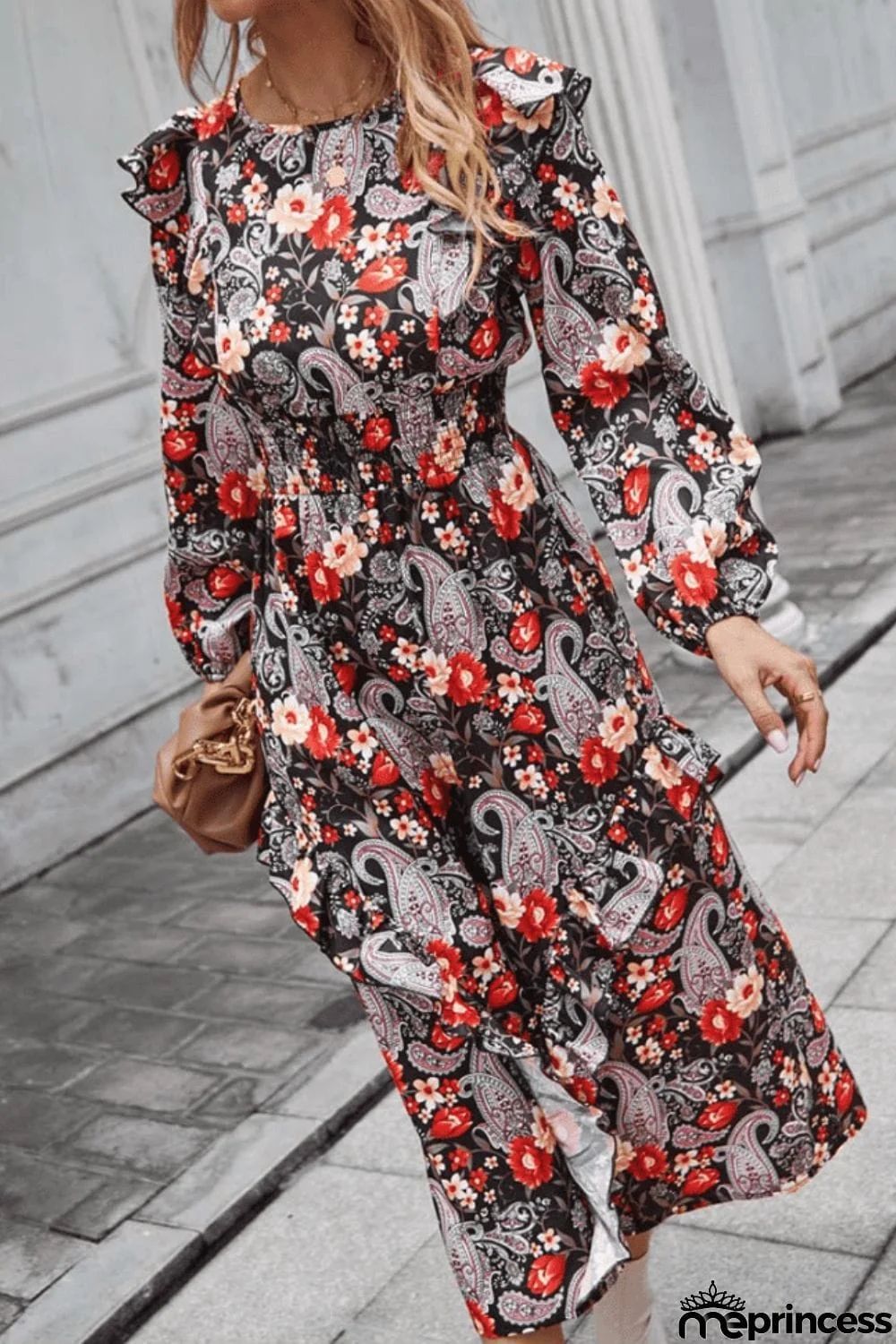 Floral Round Neck Long Sleeve Midi Dress