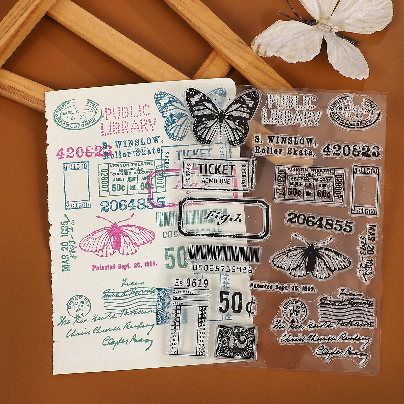 실리콘 스탬프 - 빈티지 나비 숫자 테두리 라벨 투명