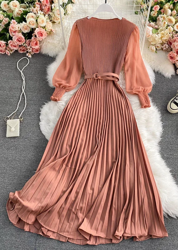 Plus Size Coffee O-Neck Chiffon Sashes Long Pleated Dress Long Sleeve