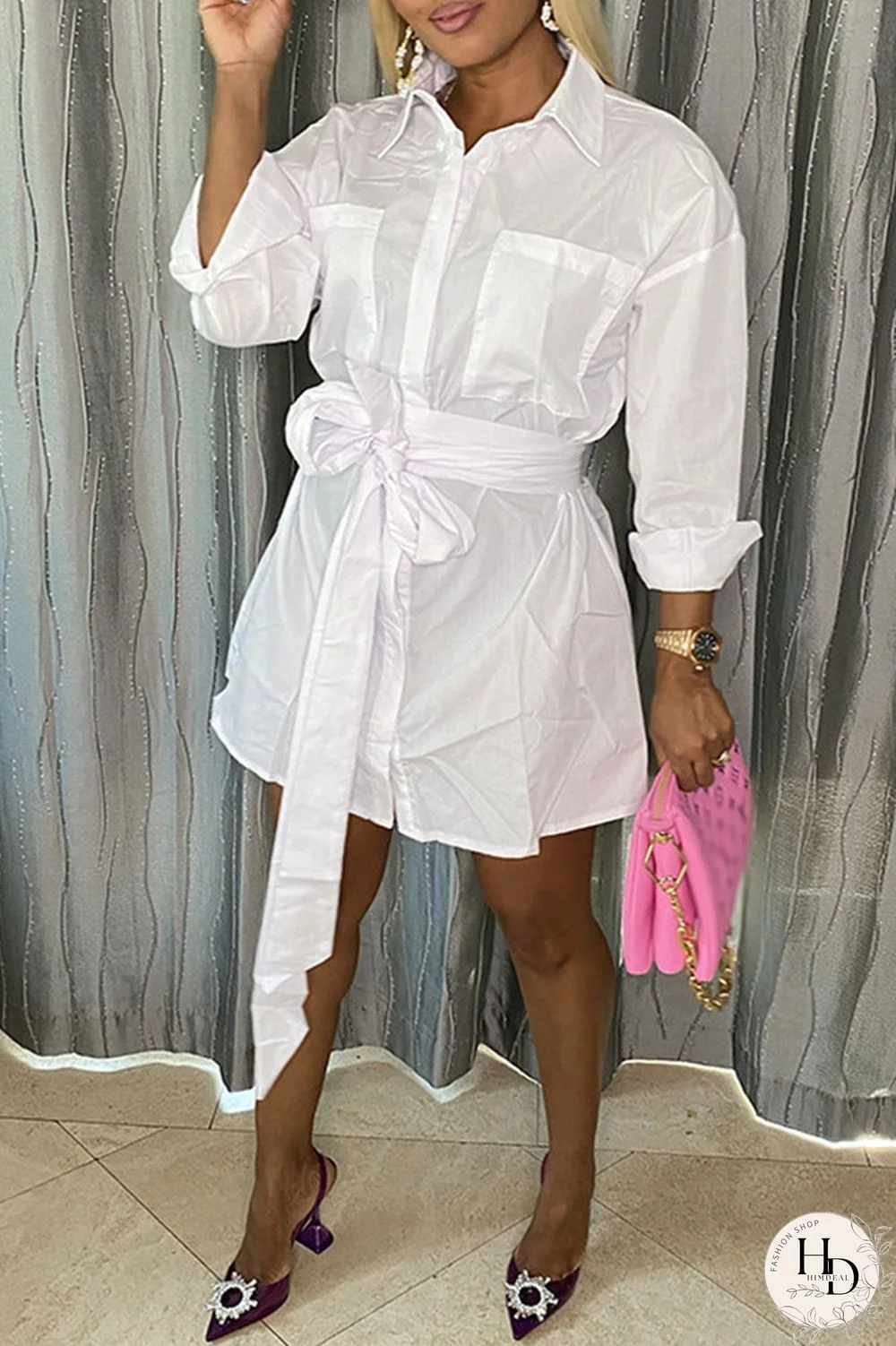 Black Casual Solid Pocket With Belt Turndown Collar A Line Dresses