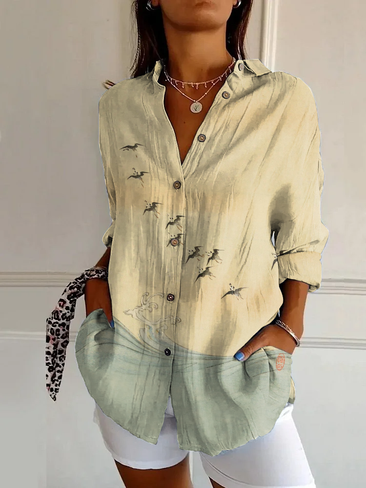 Classic Crane Print Casual Long Sleeve Shirt