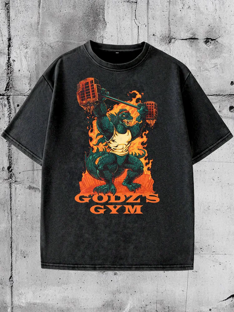Men'S Dinosaur Godz'S Gym Print Cotton Washed T-Shirt