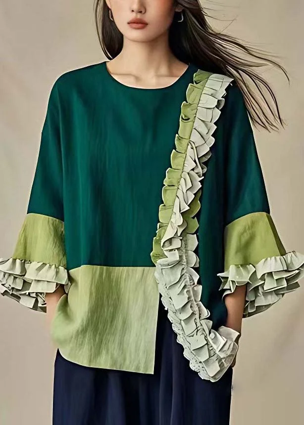 Unique Green Ruffled Front Open Cotton Top Flare Sleeve Spring