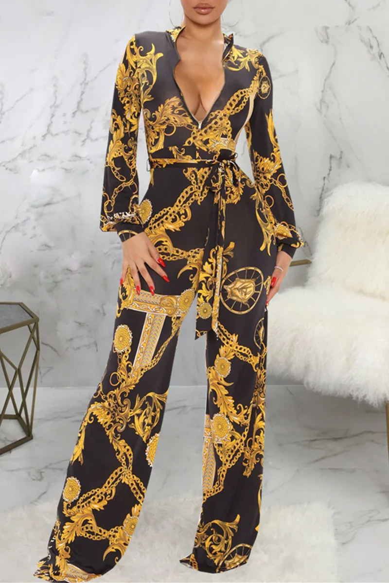 Multicolor Fashion Casual Print Basic Zipper Collar Regular Jumpsuits