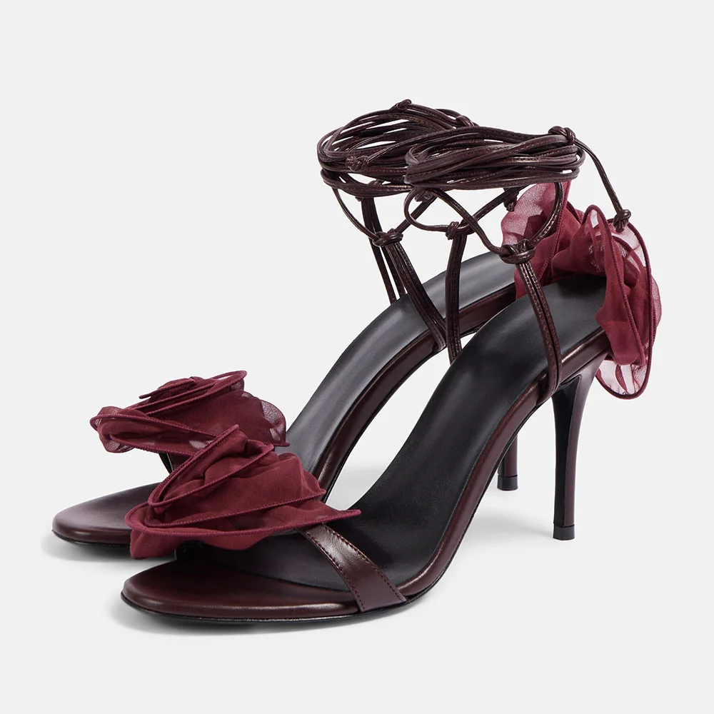 Sexy Maroon Open-Toe Flower Decor Lace-Up Women's Heel Sandals