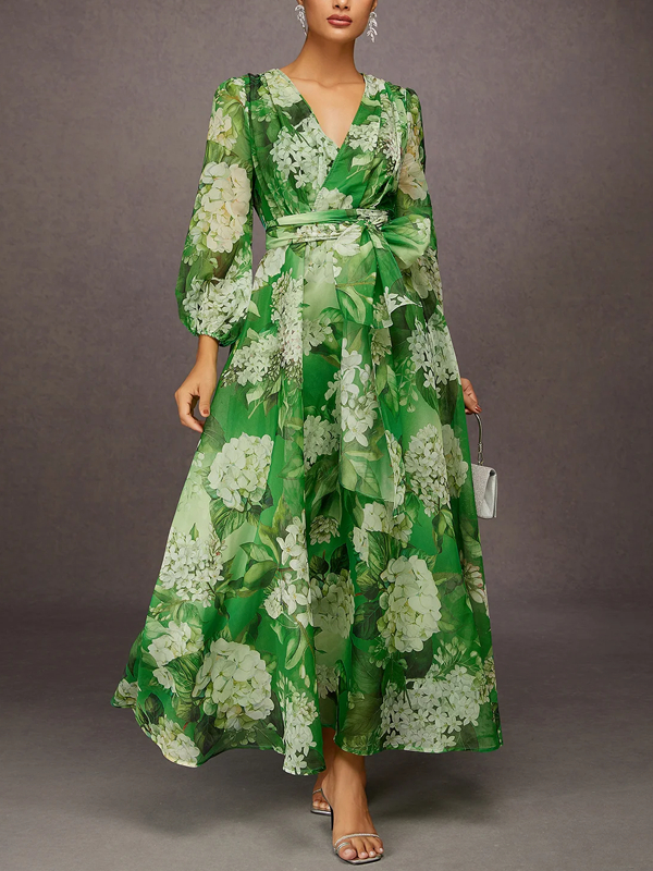Elegant Floral Printing V-Neck Maxi Dress