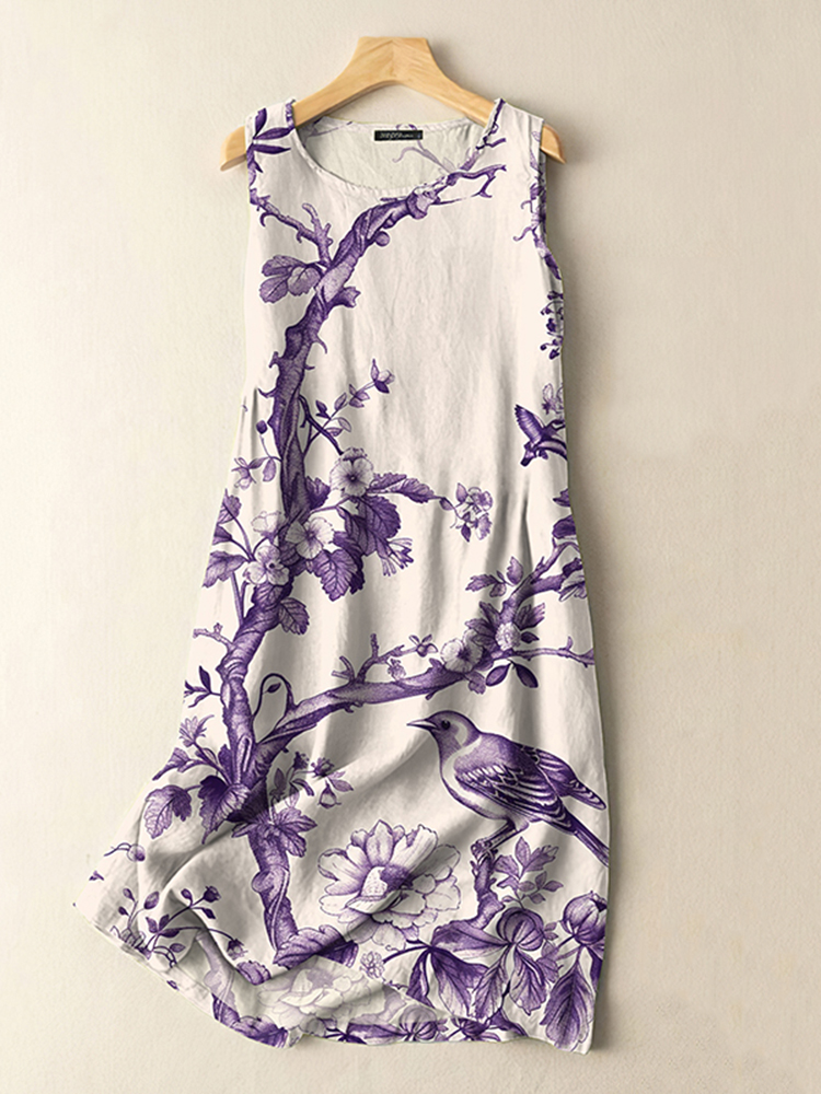 Comstylish Vintage Japanese Flowers And Birds Print Sleeveless Cotton And Linen Midi Dress