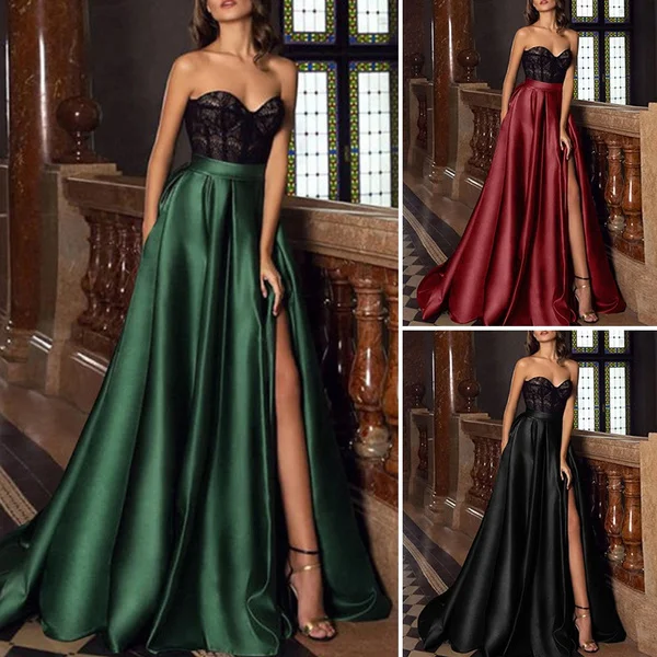 Women Elastic High Waist Split Hem Long Skirt Stain Solid Color Pleated Loose Party Beach Umbrella Skirt Plus Size