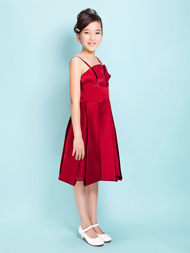 Princess / A-Line Spaghetti Strap Knee Length Satin Junior Bridesmaid Dress With Sash / Ribbon / Draping / Spring / Summer / Fall / Hourglass / Inverted Triangle