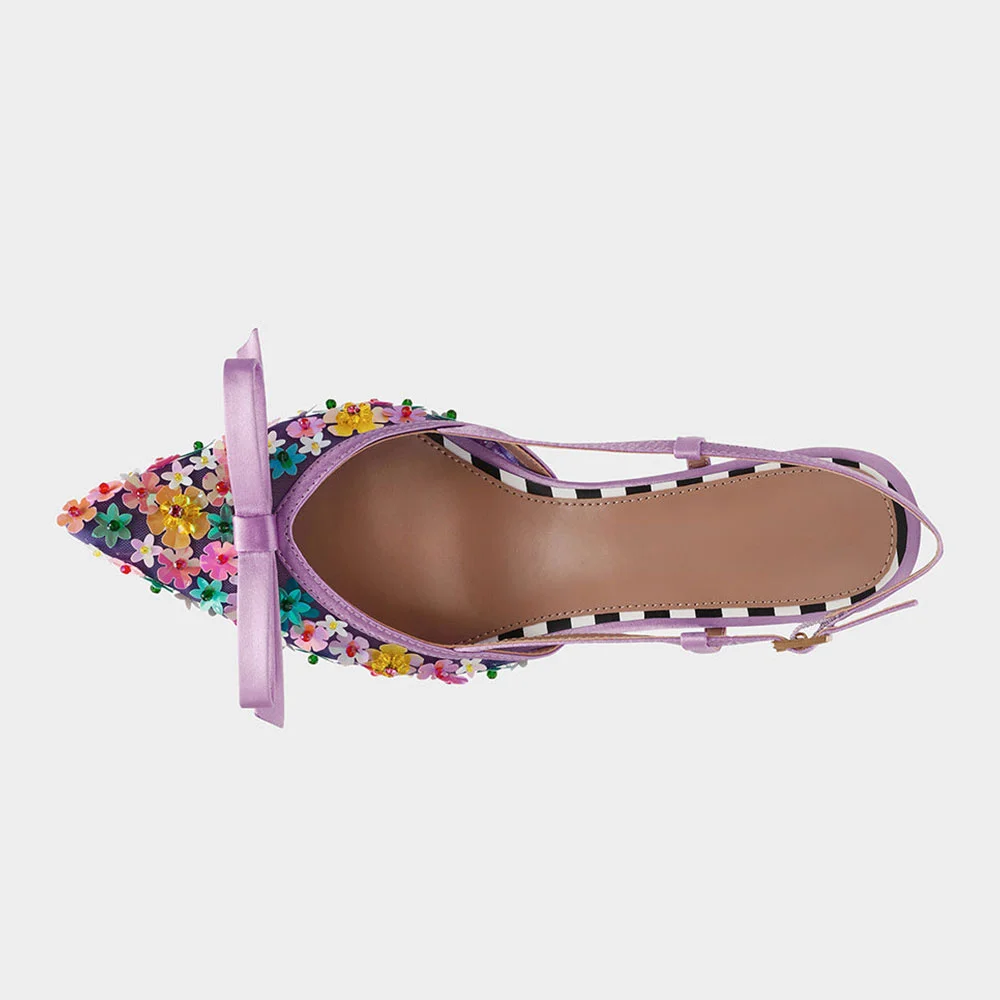 Pointed Toe Purple Slingback Pumps Heels with Colorful Flowers