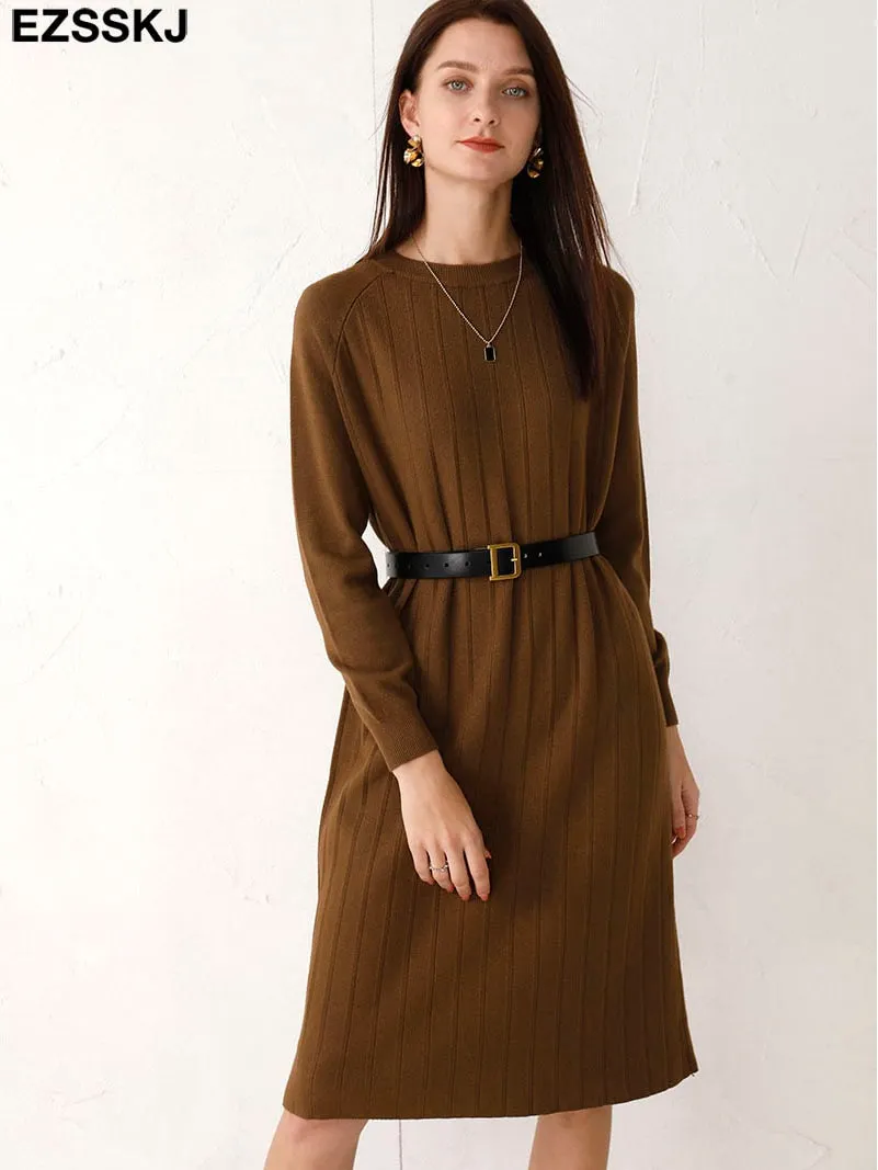 2021 Autumn Winter O-NECK Long  straight sweater Dress Women Casual oversize Sweater Dresses maix THICK  batwing sleeve Dress