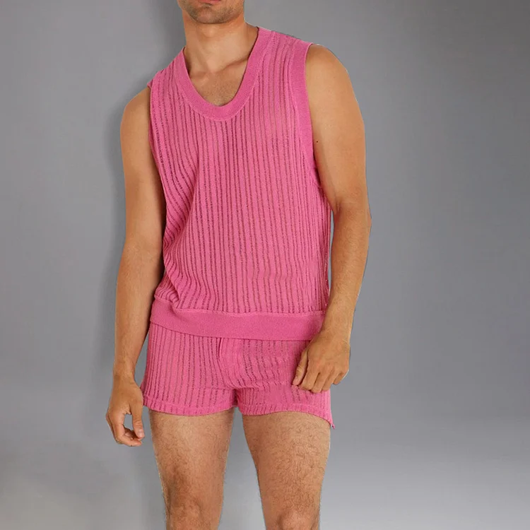 Casual Knitted Crew Neck Tank Top & Shorts 2Pcs Set 