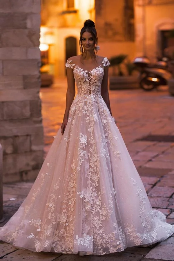 A-Line Bateau Backless Floor-length Sequins Wedding Dress With Appliques Lace