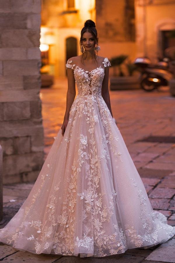 Vintage Bateau Backless Floor-length Sequins A-Line Wedding Dress With Appliques Lace | Ballbellas Ballbellas