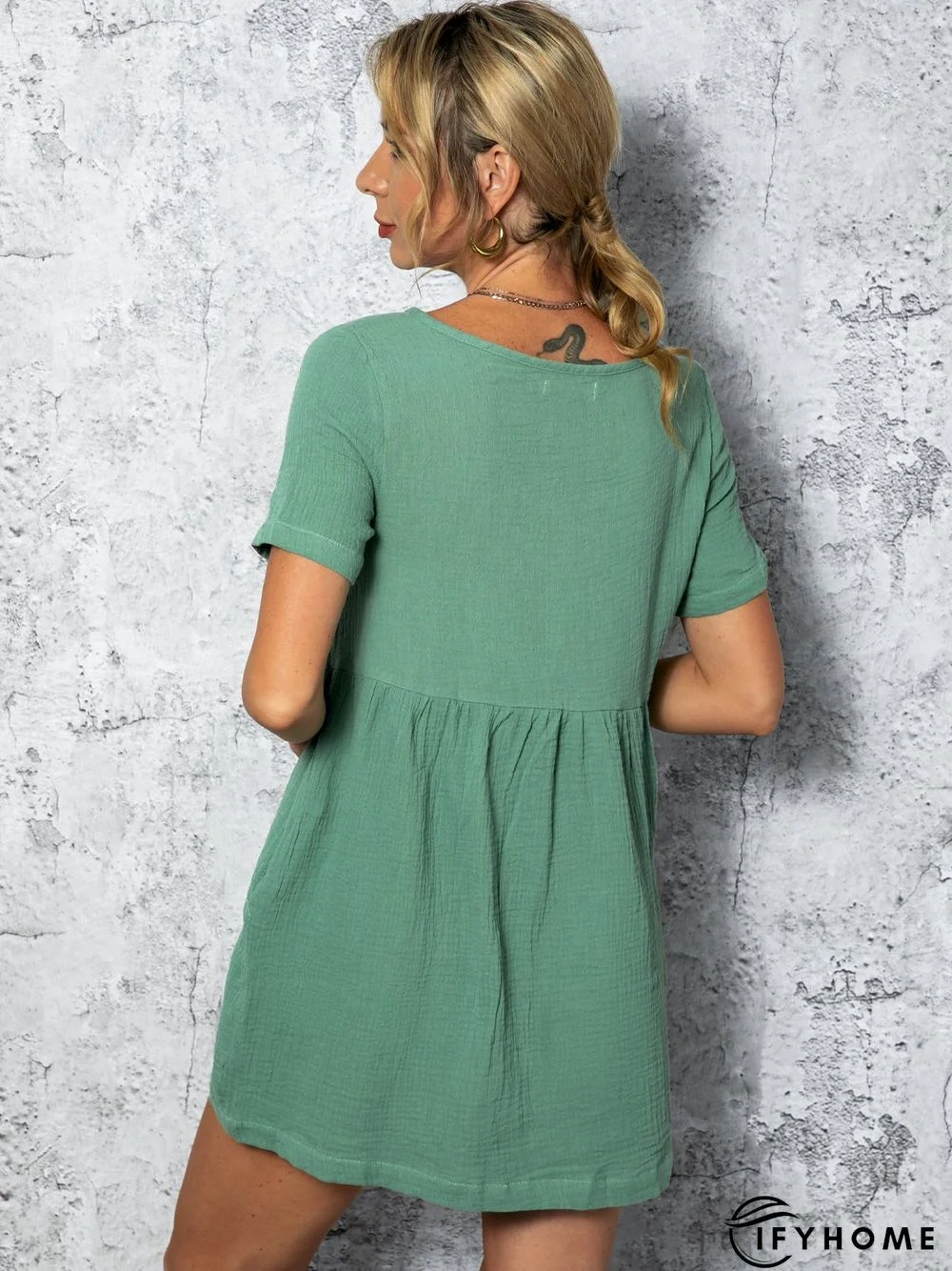 Casual V Neck Short Sleeve Solid Weaving Dress | IFYHOME