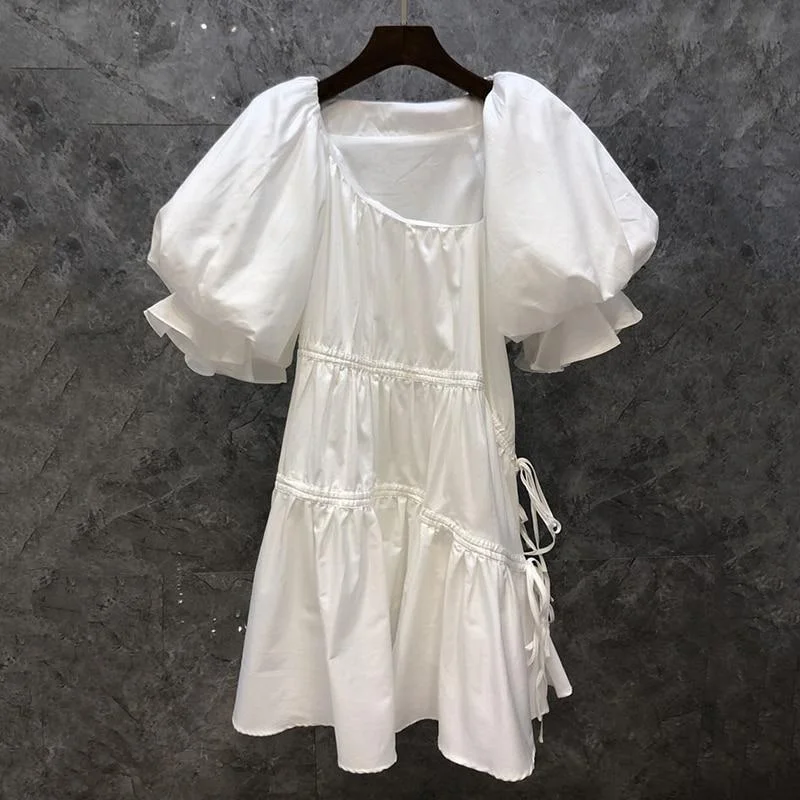 ABEBEY Yellow Dress For Women Diagonal Collar Puff Short Sleeve Patchwork Lace Up Elegant Mid Dresses Female 2023 Clothing