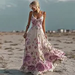 Boho Floral Embroidery Vintage Women's Linen Spaghetti Strap Maxi Dress - Image 2