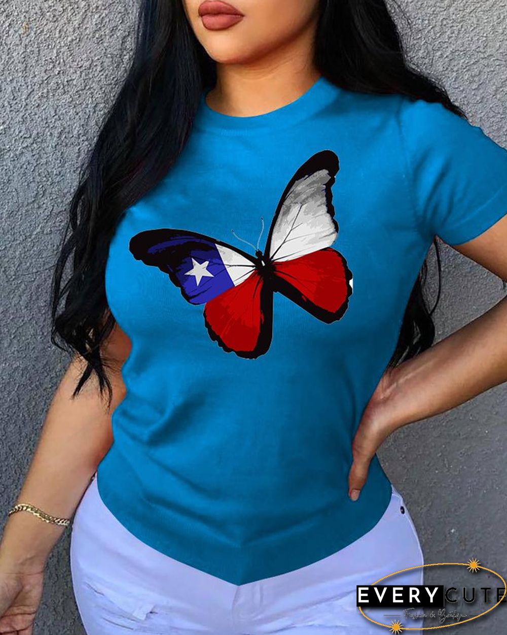 Butterfly Print O-neck Short Sleeve T-shirt