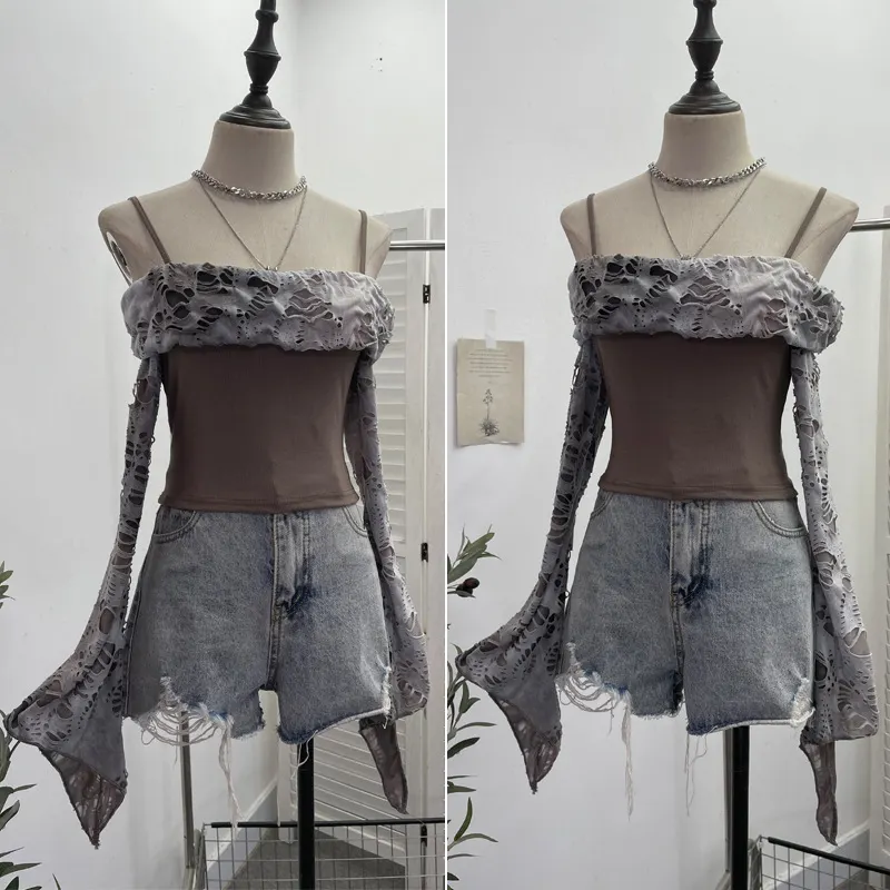 Uveng The Wasteland Hottie Hole To Make The Old Sling Tape A Word On The Shoulder Hollow Horn Long Sleeve Short T-Shirt 2666
