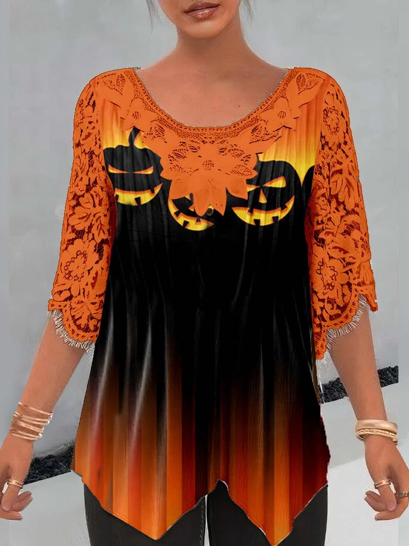 Women Asymmetrical Half Sleeve Scoop Neck Pumpkin Graphic Lace Tops