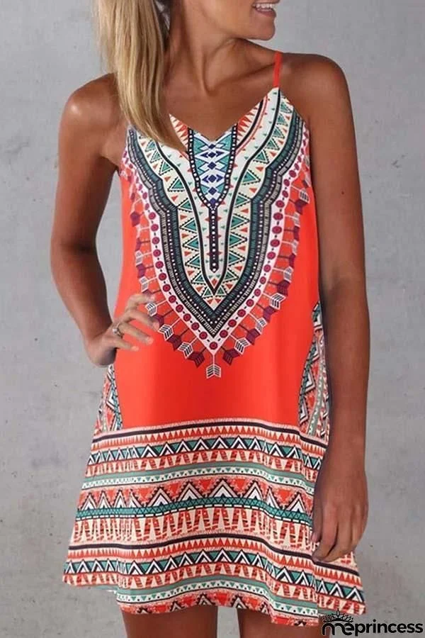 Sleeveless Tribal Print Spaghetti Strap Casual Wear Dress