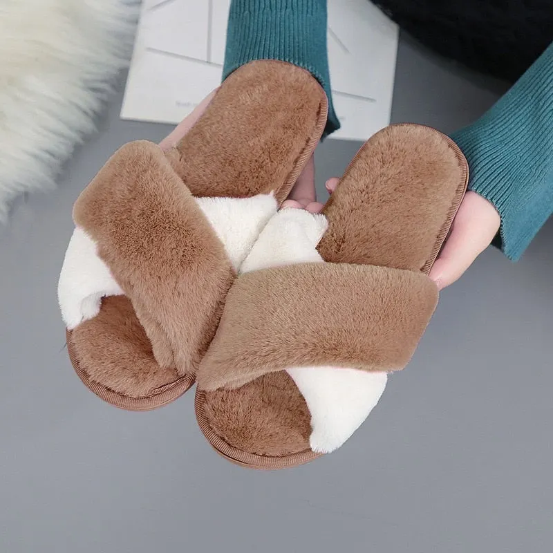 Newest Mixed Colors Fluffy Slippers Autumn Winter Home Slippers Women Furry Fur Slides Outdoor Women's Sandals 2021 Flip Flops