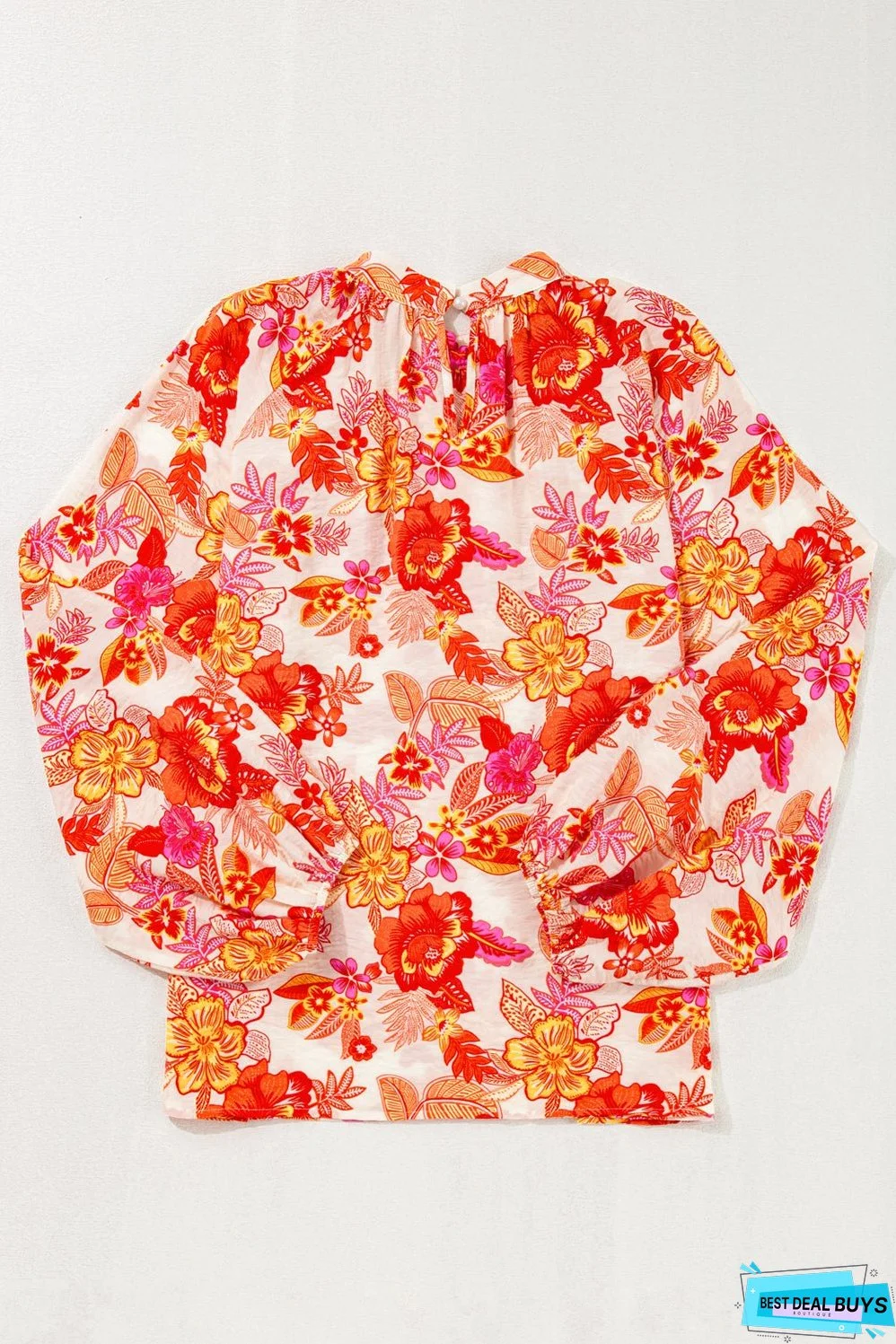 Orange Floral Print Pearl Button Keyhole Long Puff Sleeve Blouse