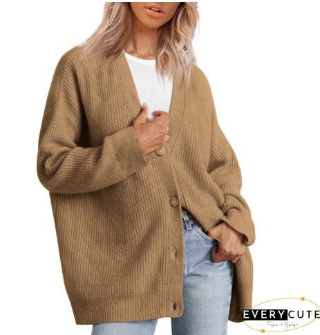 Khaki Drop Shoulder Buttons Front Long Cardigan