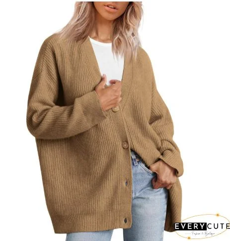 Khaki Drop Shoulder Buttons Front Long Cardigan